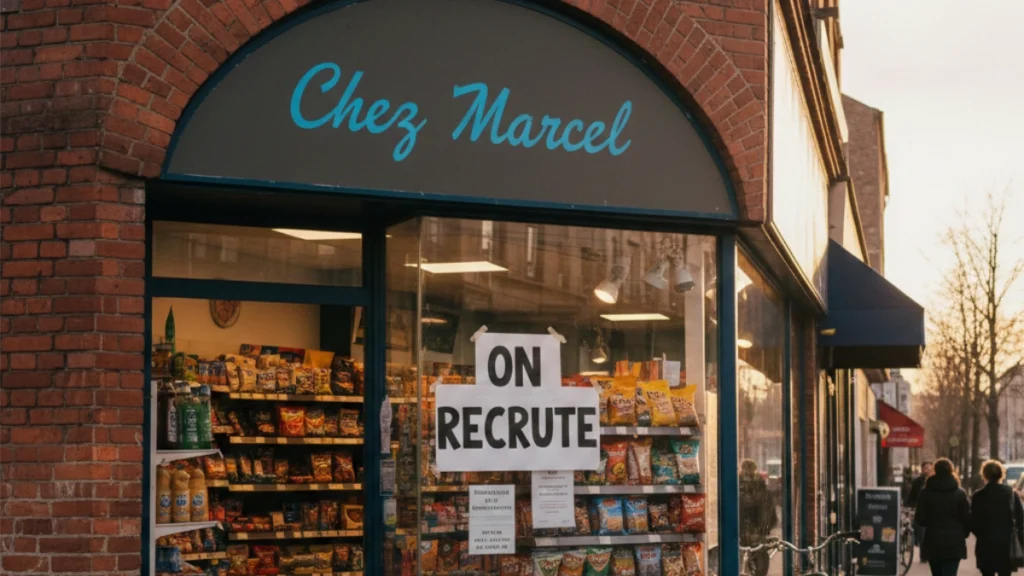 Commerce de proximité avec une affiche sur la vitrine disant qu'ils recrutent