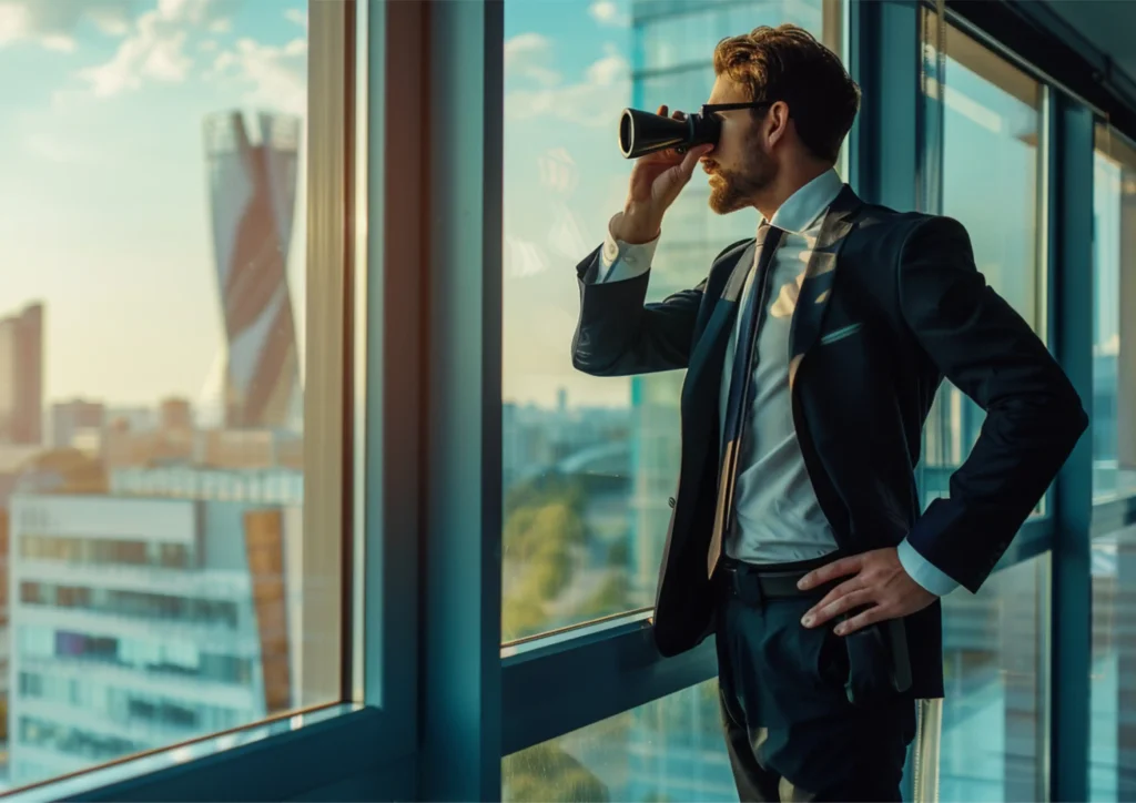 Homme en costume au sein d'une entreprise en train de regarder par la fenêtre à travers des jumelles