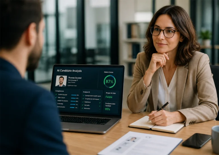 Recruteur qui montre à un collègue les résultats de l'intelligence artificielle suite à une candidature